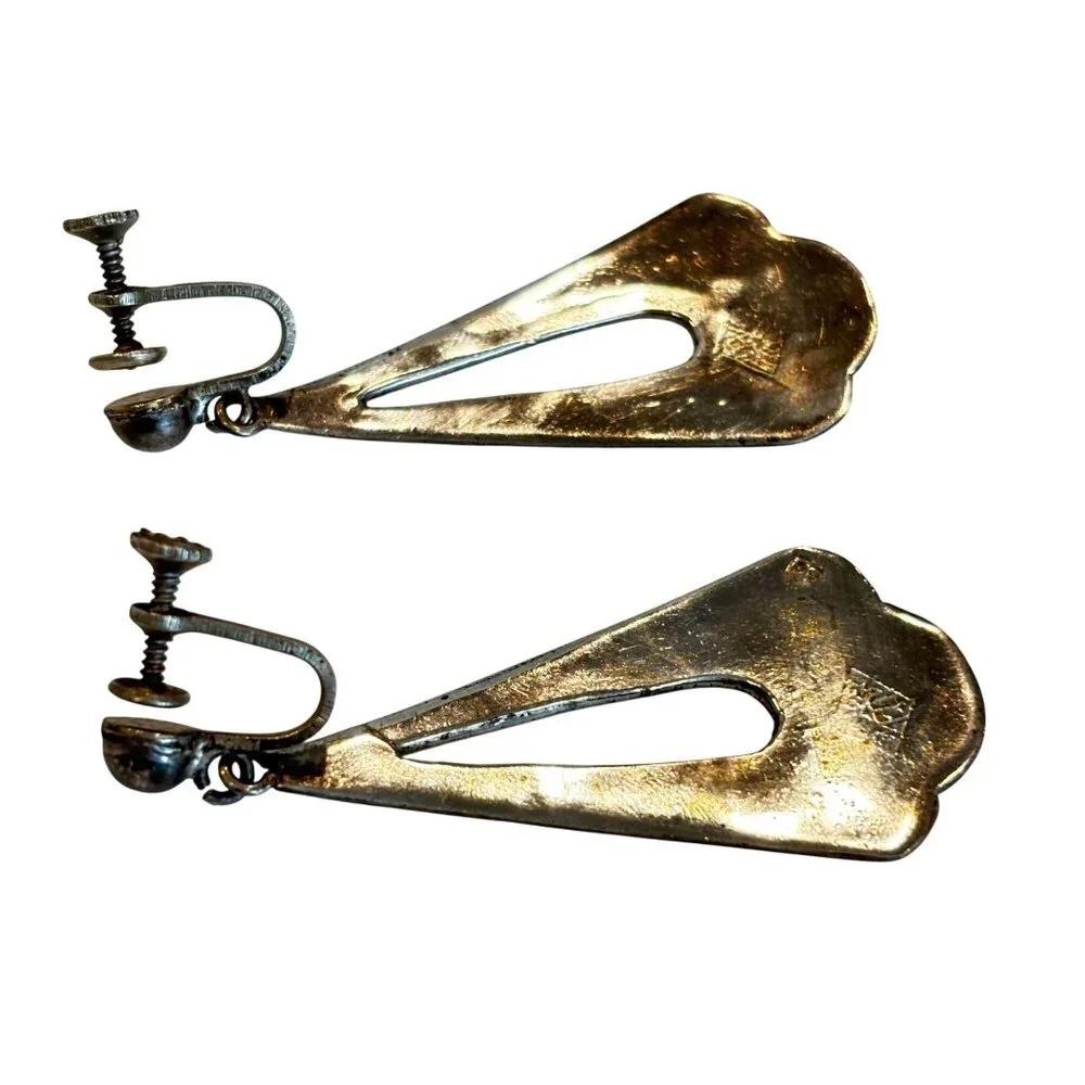 Vtg Sterling‎ Silver Abalone Drop Dangle Earrings Tear Drop Screw Back 2